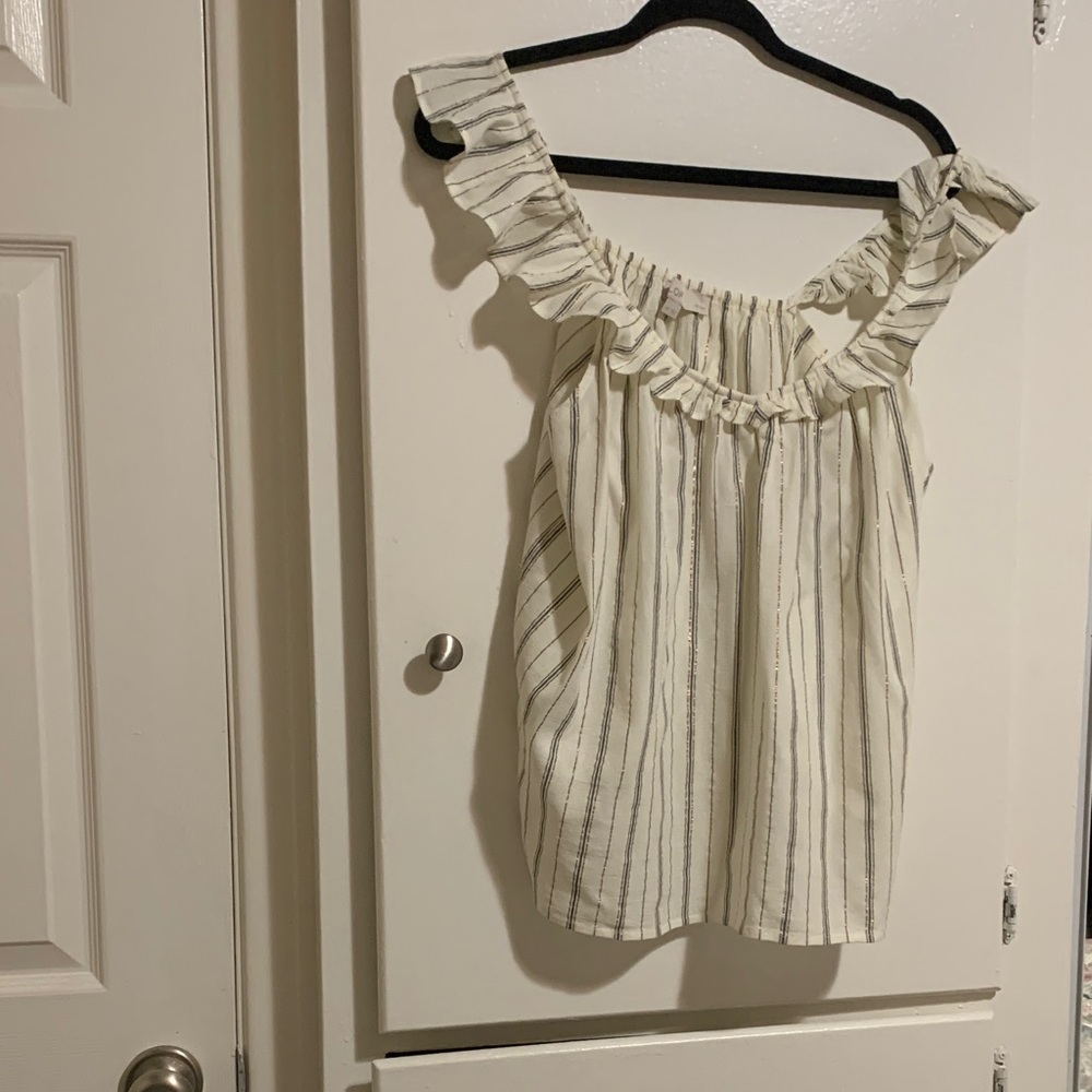 LOFT Cream and Black Striped Ruffle Top
